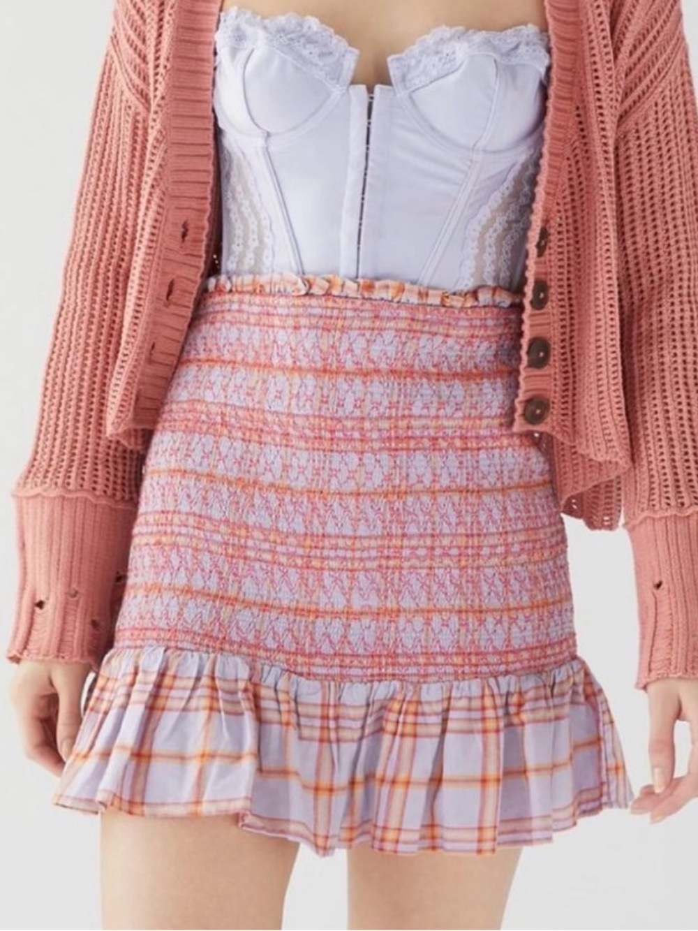 Urban Outfitters Rosemary Smocked Plaid Ruffle Mini Skirt S Small